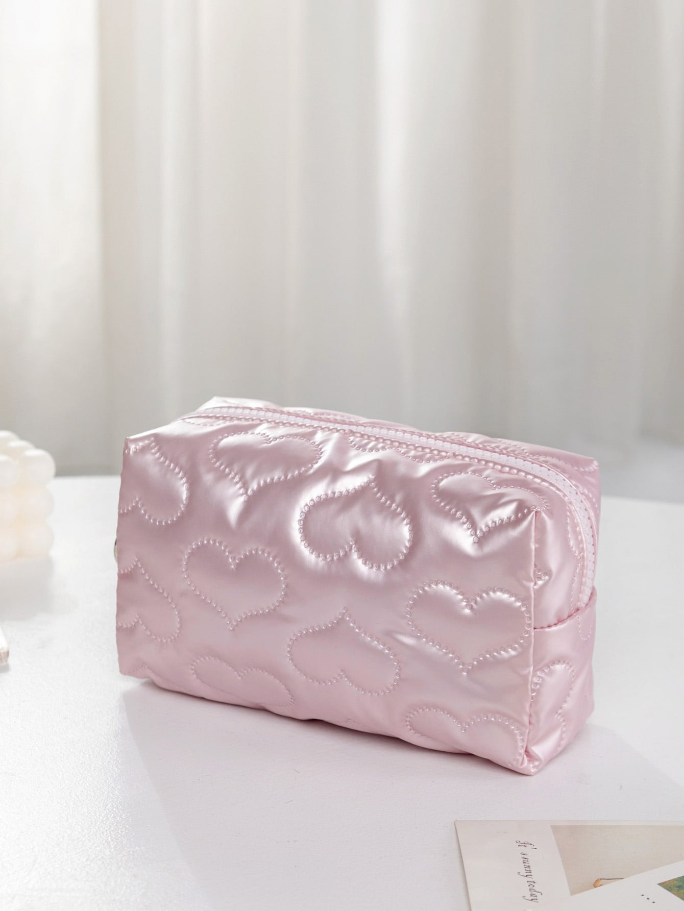 Pink Heart Textured Makeup Bag