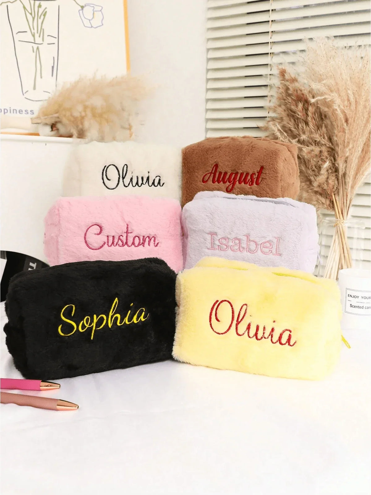 Customized Furry Embroidered Makeup Bag