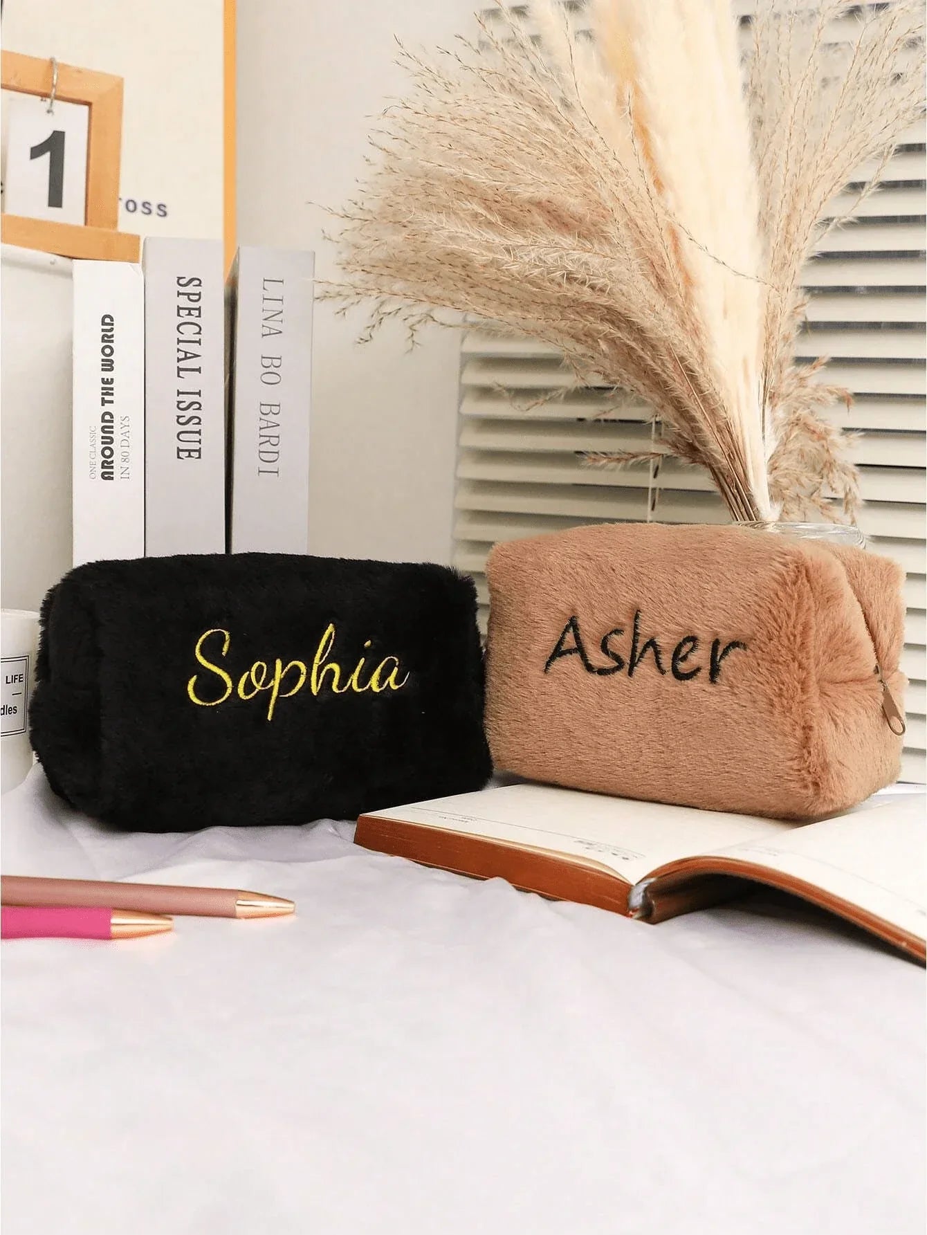 Customized Furry Embroidered Makeup Bag