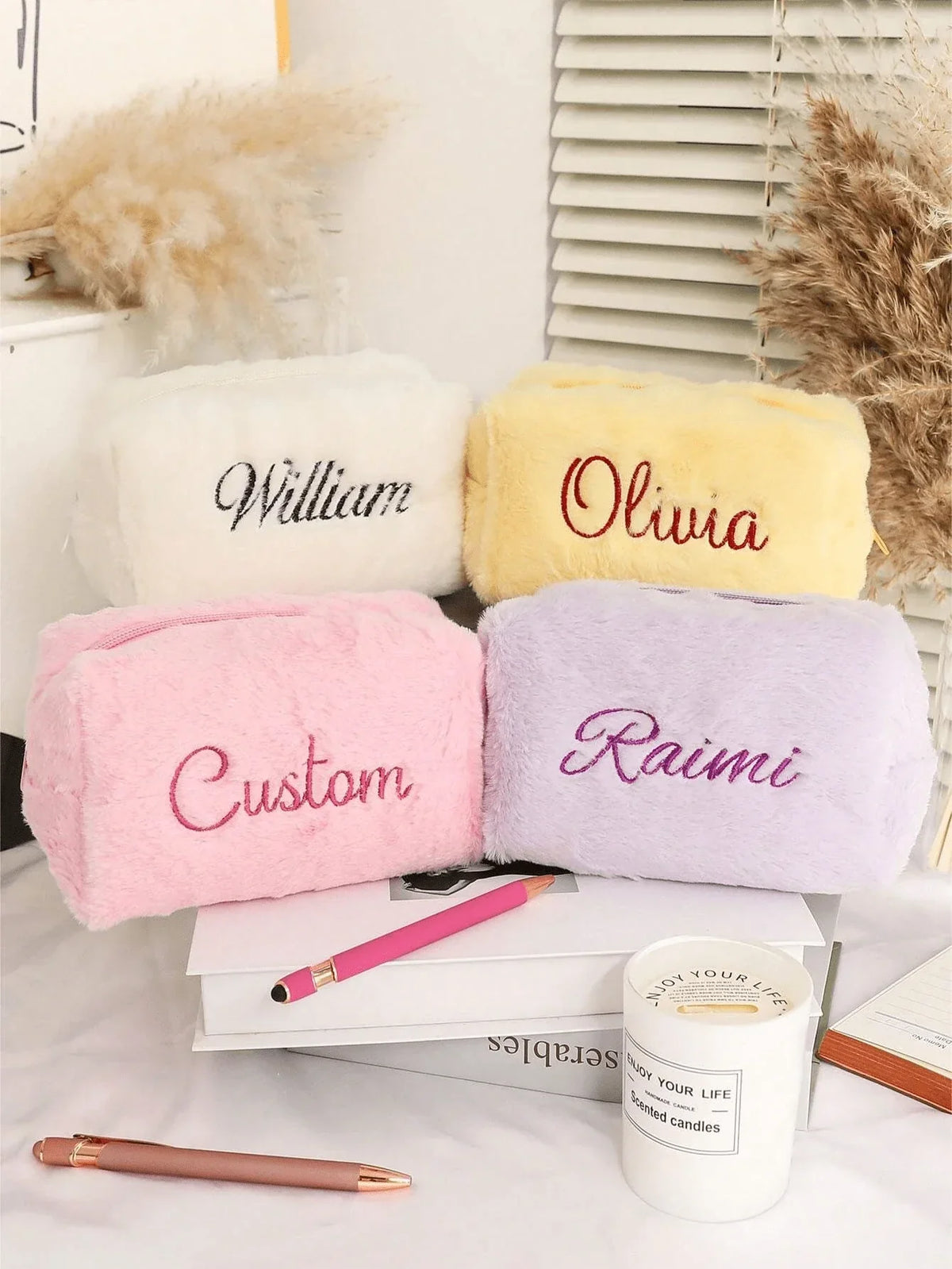 Customized Furry Embroidered Makeup Bag