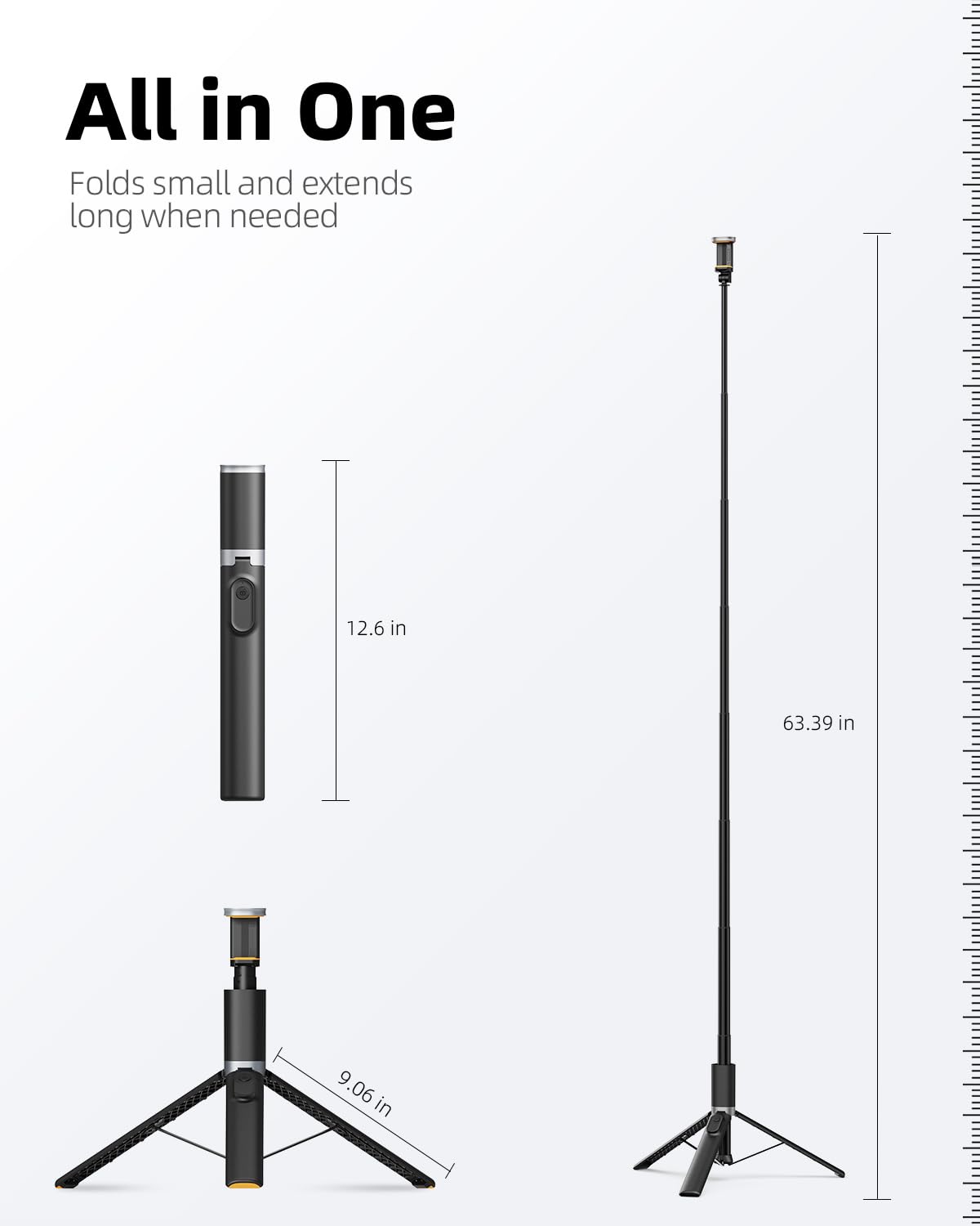 TODI 63" Cell Phone Selfie Stick Tripod, Portable Tripod for iPhone with Wireless Remote, Extendable Smartphone Stand, All-in-1, Compatible with iPhone/Android
