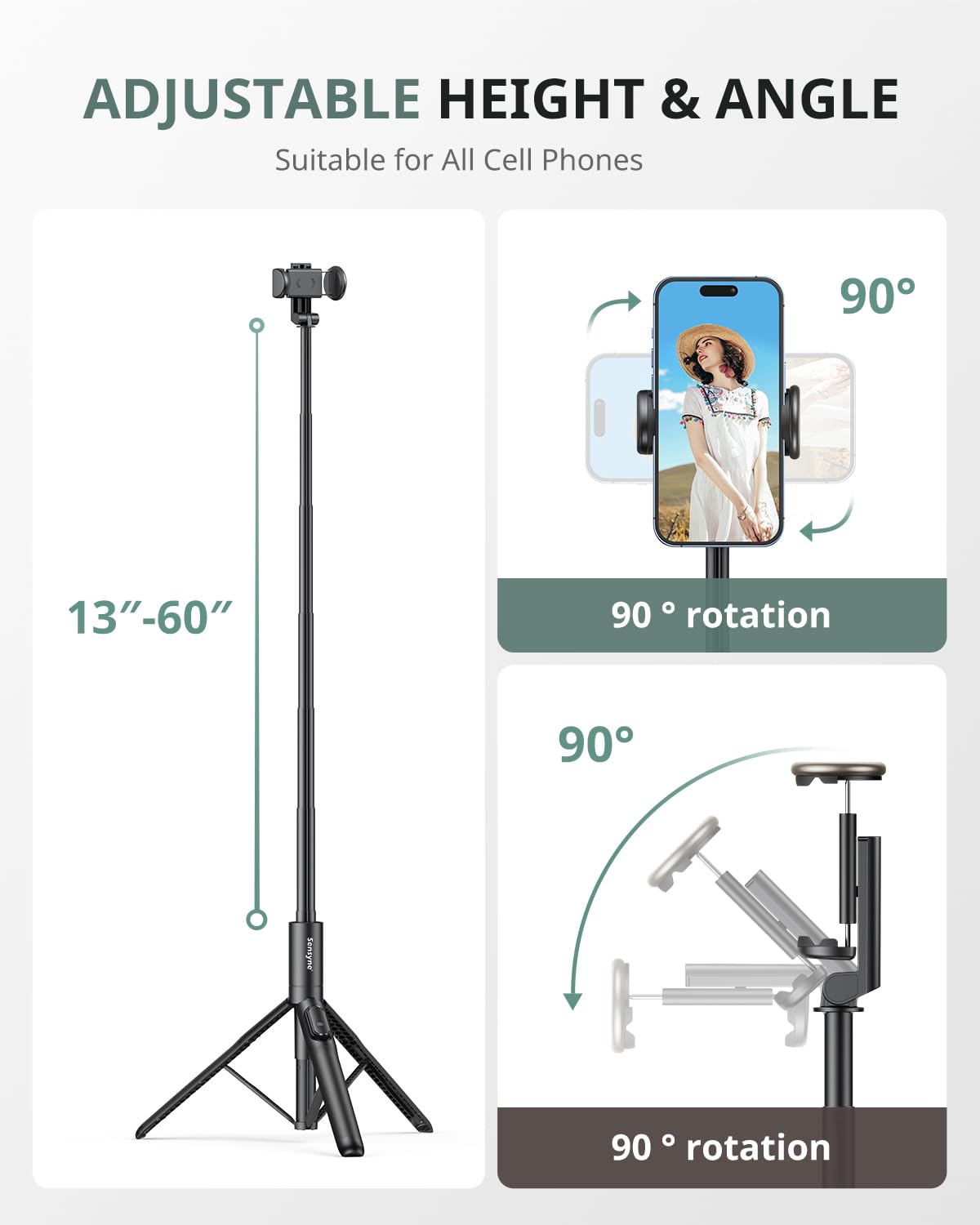 Sensyne 60" Phone Tripod - Selfie Stick, Lightweight All in One Phone Tripod Integrated with Wireless Remote Compatible with All Cell Phones for Selfie/Video Recording/Photo/Live Stream/Vlog(Black)