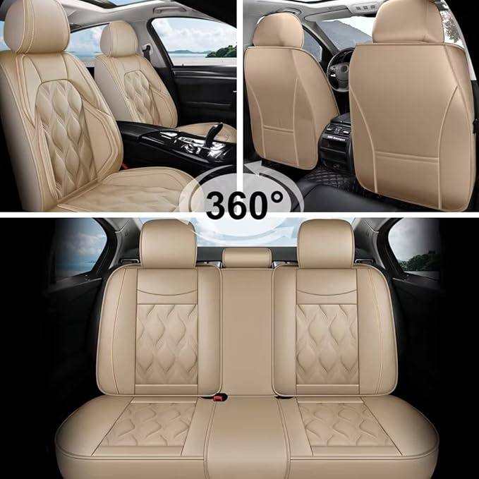 AOMSAZTO Car Seat Cover Full Set 5 Seats Fit for Ford Escape 2001-2026 Leather Car Seat Cushion Protector Compatible Airbag Waterproof Automotive Seat Covers Beige