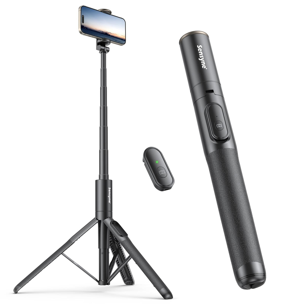 Sensyne 60" Phone Tripod - Selfie Stick, Lightweight All in One Phone Tripod Integrated with Wireless Remote Compatible with All Cell Phones for Selfie/Video Recording/Photo/Live Stream/Vlog(Black)