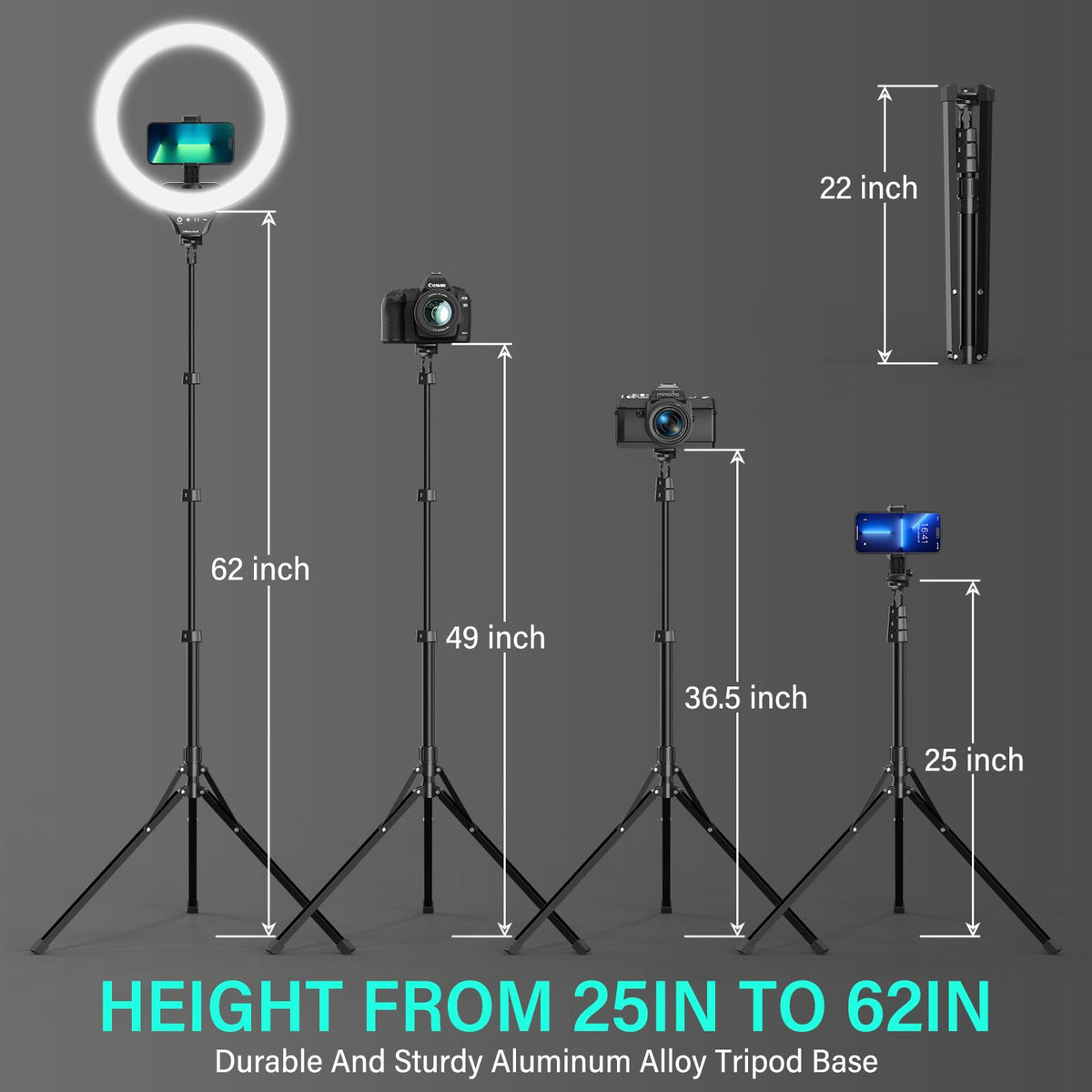 UBeesize 14'' LED Foldable Ring Light with 62'' Tripod Stand, Selfie Ring Light for Video Recording, Live Streaming, TikTok & YouTube, Compatible with iPhone & Android (Black)