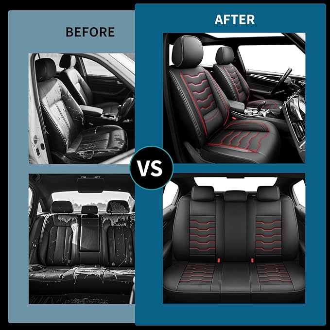 Fit Leaf Car Seat Covers Compatible with Nissan Leaf 2012-2025 2026 - Full Set Premium Leather, Waterproof Breathable, All-Weather Seat Cushion Protecto&Airbag Compatible(Red Line Black