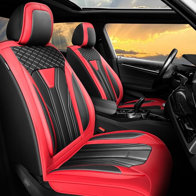 Fit Juke Car Seat Covers Compatible with Nissan Juke 2012-2015 2016 - Full Set Premium Leather, Waterproof Breathable, All-Weather Seat Cushion Protecto&Airbag Compatible (Red & Black