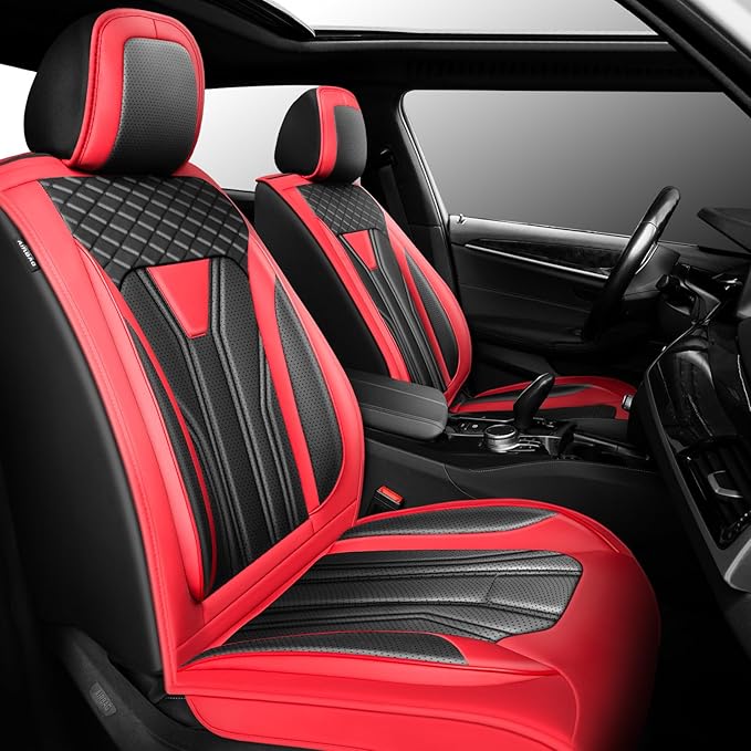 Fit Sentra Car Seat Covers Compatible with Nissan Sentra 2001-2025 2026 - Premium Leather, Waterproof Breathable, All-Weather Seat Cushion Protecto&Airbag Compatible (2 Front Seat Red&Black)