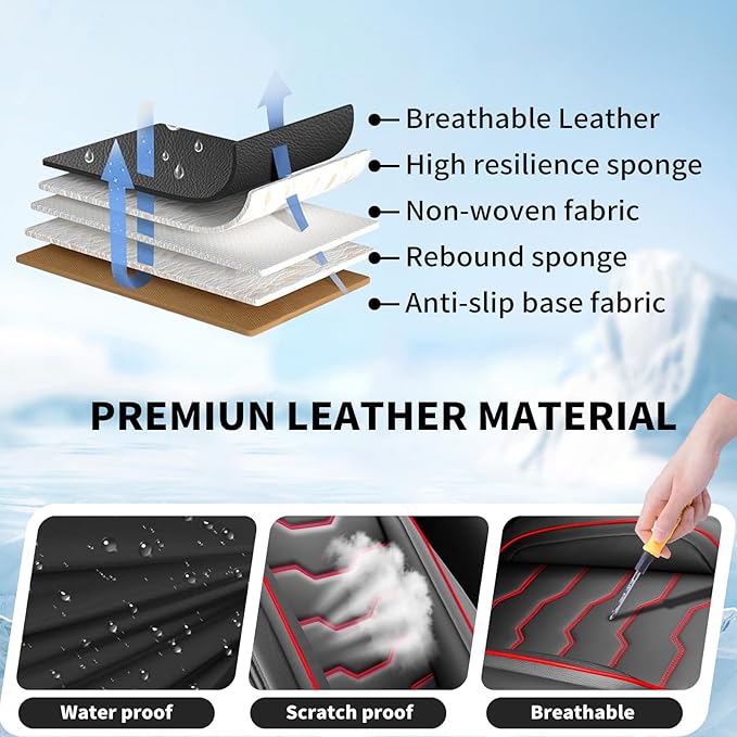 Fit Frontier Car Seat Covers Compatible with Nissan Frontier 2010-2025 2026 -Full Set Premium Leather, Waterproof Breathable, All-Weather Seat Cushion Protecto&Airbag Compatible(Red Line Black