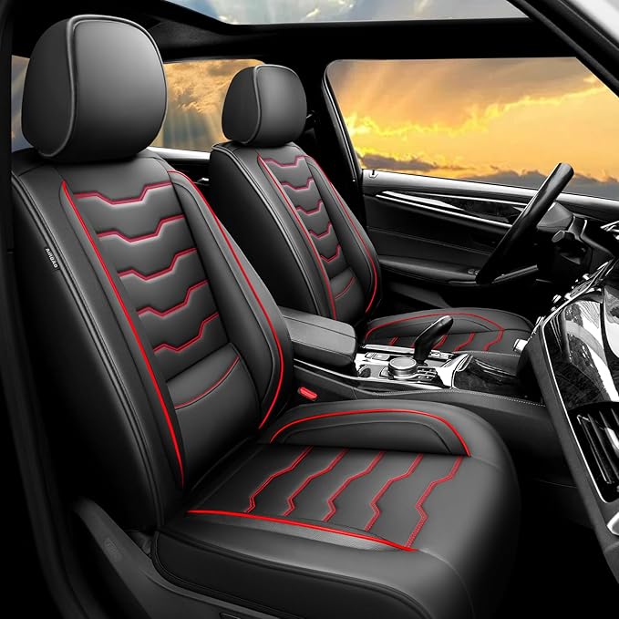 Fit Frontier Car Seat Covers Compatible with Nissan Frontier 2010-2025 2026 -Full Set Premium Leather, Waterproof Breathable, All-Weather Seat Cushion Protecto&Airbag Compatible(Red Line Black