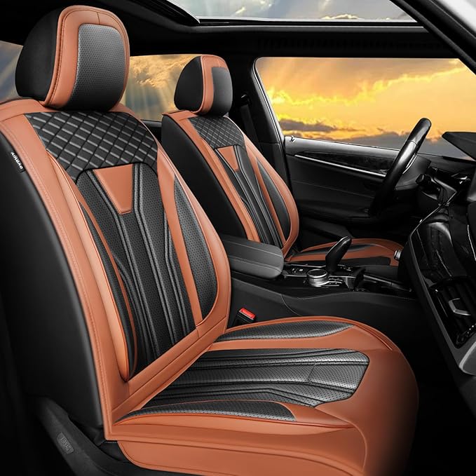 Fit Juke Car Seat Covers Compatible with Nissan Juke 2012-2015 2016 - Full Set Premium Leather, Waterproof Breathable, All-Weather Seat Cushion Protecto&Airbag Compatible(Brown & Black