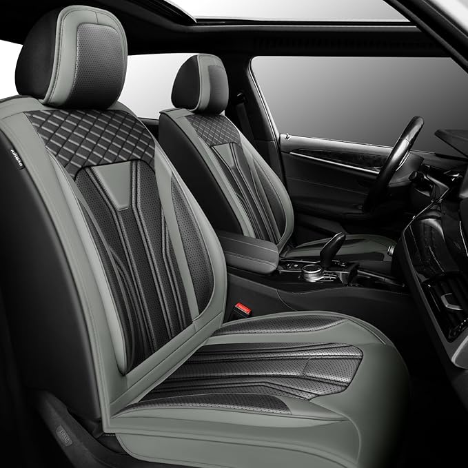 Fit Kicks Car Seat Covers, Compatible with Nissan Kicks 2018-2026 -Premium Leather, Waterproof Breathable All-Weather Seat Cushion Protector Airbag Compatible(2 Seats Front Pair,Gray & Black