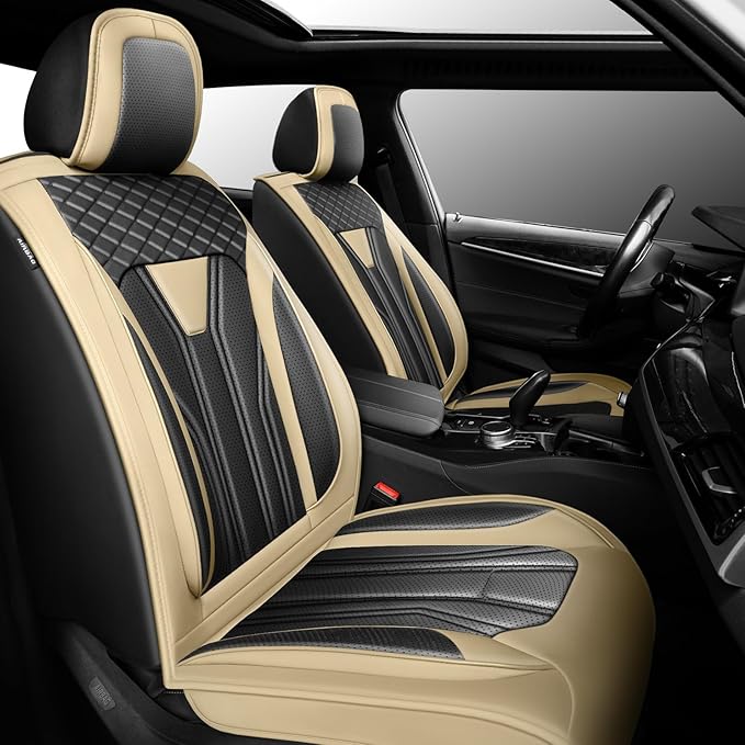 Fit Juke Car Seat Covers Compatible with Nissan Juke 2012-2015 2016 - Premium Leather, Waterproof Breathable, All-Weather Seat Cushion Protecto&Airbag Compatible (2 Front Seat Beige&Black)