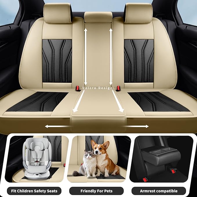 Fit Leaf Car Seat Covers Compatible with Nissan Leaf 2012-2025 2026 - Premium Leather, Waterproof Breathable, All-Weather Seat Cushion Protecto&Airbag Compatible (2 Front Seat Beige&Black)