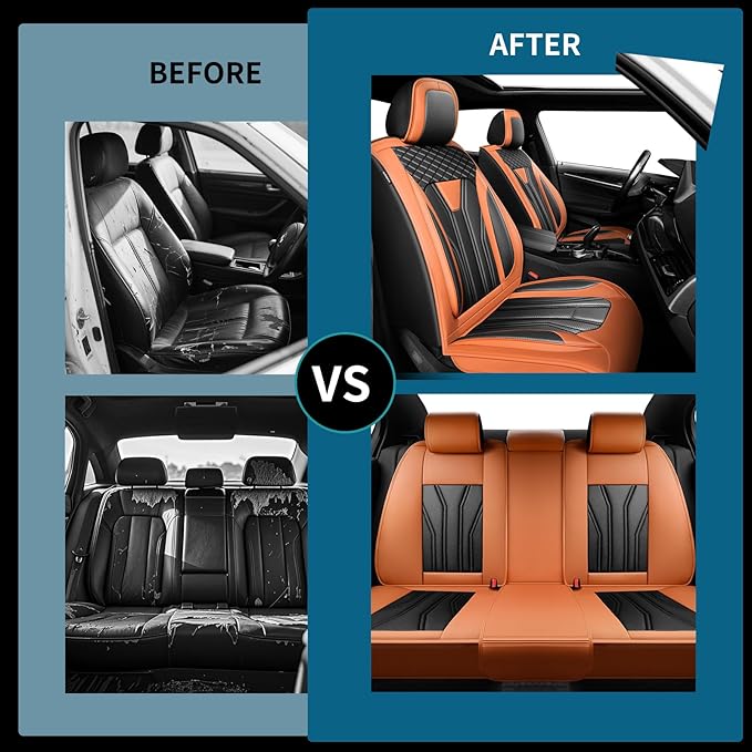 Fit Versa Car Seat Covers Compatible with Nissan Versa 2008-2025 2026 - Full Set Premium Leather, Waterproof Breathable, All-Weather Seat Cushion Protecto&Airbag Compatible (Orange&Black