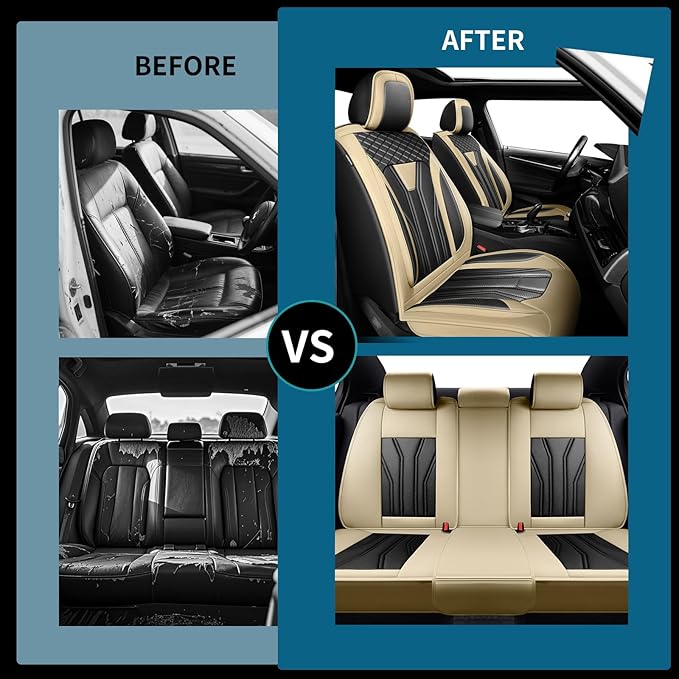Fit Juke Car Seat Covers Compatible with Nissan Juke 2012-2015 2016 - Premium Leather, Waterproof Breathable, All-Weather Seat Cushion Protecto&Airbag Compatible (2 Front Seat Beige&Black)