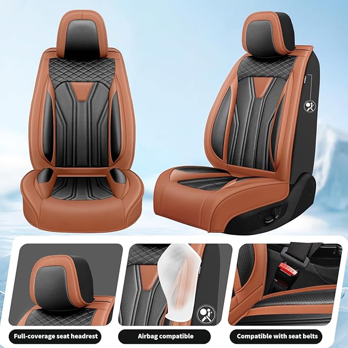Fit Juke Car Seat Covers Compatible with Nissan Juke 2012-2015 2016 - Full Set Premium Leather, Waterproof Breathable, All-Weather Seat Cushion Protecto&Airbag Compatible(Brown & Black