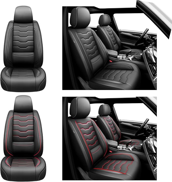 Fit Juke Car Seat Covers Compatible with Nissan Juke 2012-2015 2016 - Full Set Premium Leather, Waterproof Breathable, All-Weather Seat Cushion Protecto&Airbag Compatible(Red Line Black