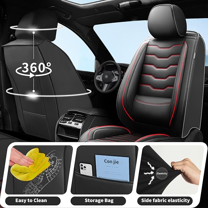 Fit Frontier Car Seat Covers Compatible with Nissan Frontier 2010-2025 2026 -Full Set Premium Leather, Waterproof Breathable, All-Weather Seat Cushion Protecto&Airbag Compatible(Red Line Black