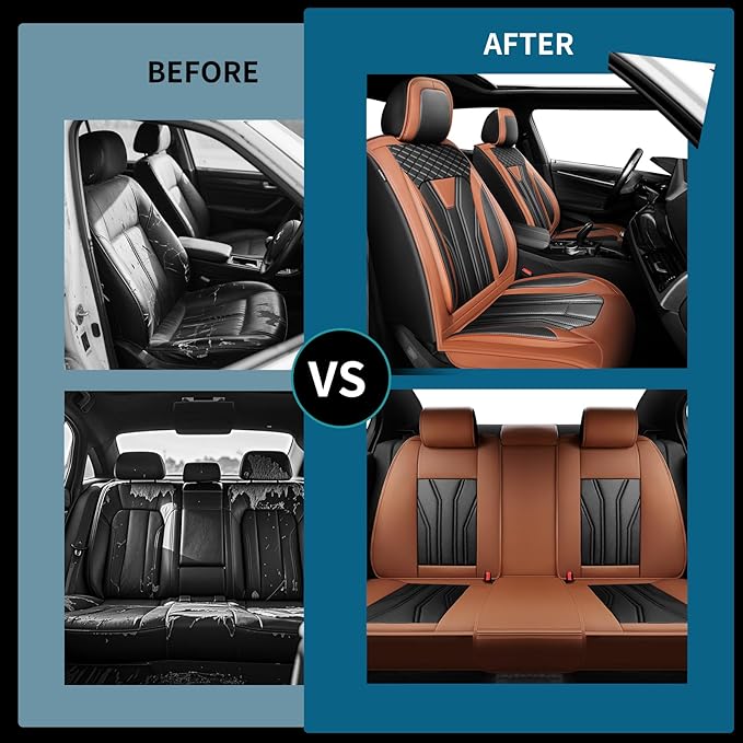 Fit Juke Car Seat Covers Compatible with Nissan Juke 2012-2015 2016 - Full Set Premium Leather, Waterproof Breathable, All-Weather Seat Cushion Protecto&Airbag Compatible(Brown & Black