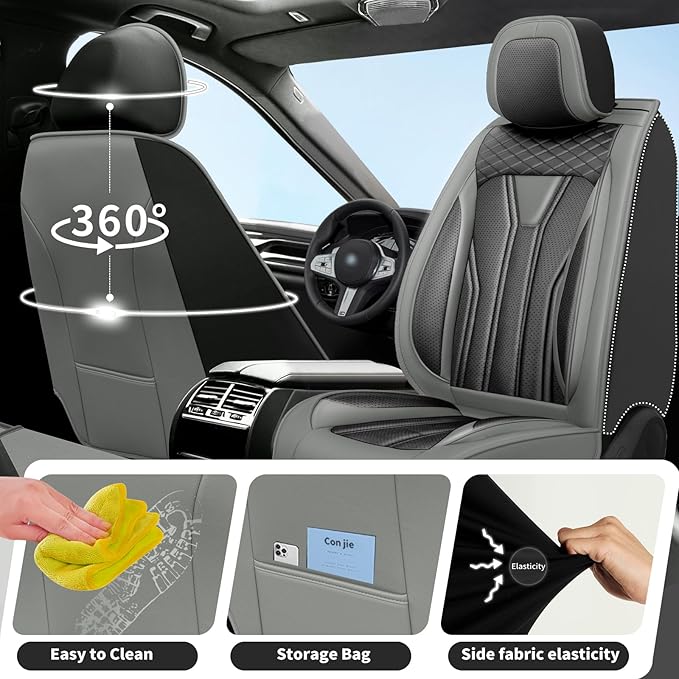 Fit Versa Car Seat Covers Compatible with Nissan Versa 2008-2025 2026 - Premium Leather, Waterproof Breathable, All-Weather Seat Cushion Protecto&Airbag Compatible (2 Front Seat Gray&Black)