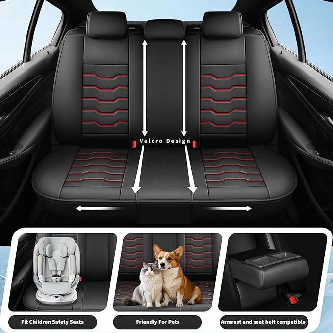 Fit Juke Car Seat Covers Compatible with Nissan Juke 2012-2015 2016 - Full Set Premium Leather, Waterproof Breathable, All-Weather Seat Cushion Protecto&Airbag Compatible(Red Line Black