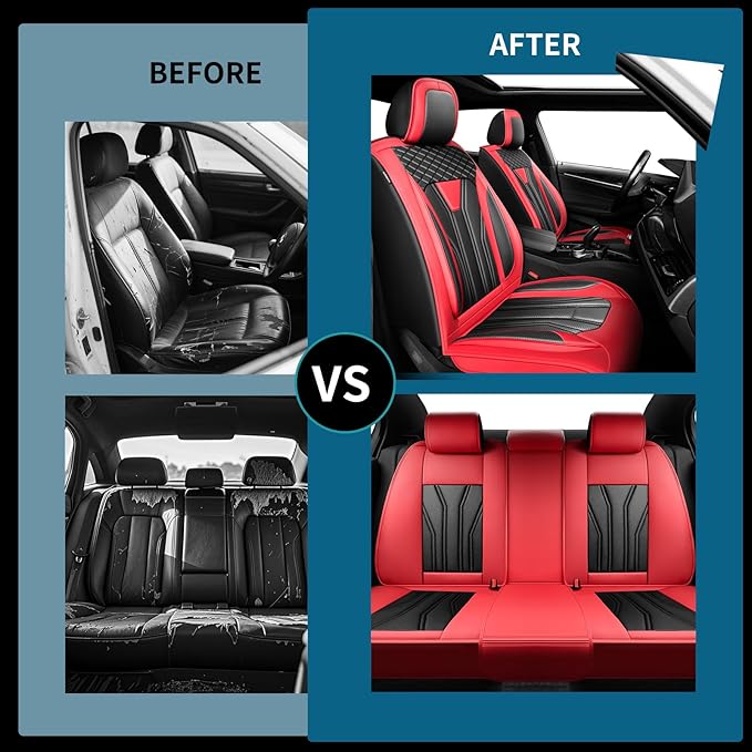 Fit Juke Car Seat Covers Compatible with Nissan Juke 2012-2015 2016 - Full Set Premium Leather, Waterproof Breathable, All-Weather Seat Cushion Protecto&Airbag Compatible (Red & Black