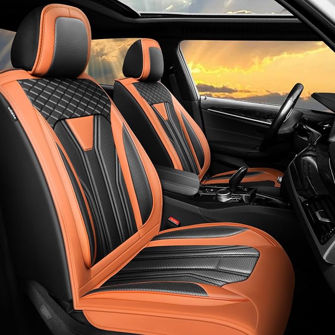 Fit Versa Car Seat Covers Compatible with Nissan Versa 2008-2025 2026 - Full Set Premium Leather, Waterproof Breathable, All-Weather Seat Cushion Protecto&Airbag Compatible (Orange&Black
