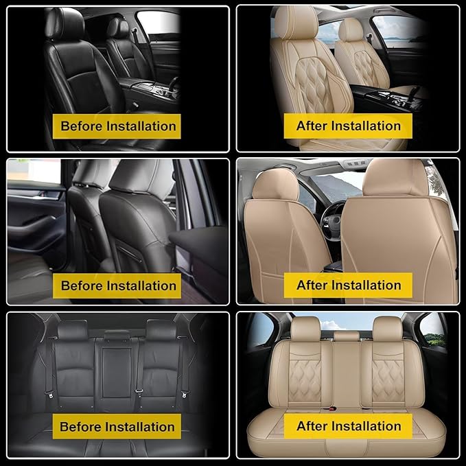 AOMSAZTO Car Seat Cover Full Set 5 Seats Fit for Ford Escape 2001-2026 Leather Car Seat Cushion Protector Compatible Airbag Waterproof Automotive Seat Covers Beige
