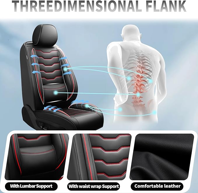 Fit Frontier Car Seat Covers Compatible with Nissan Frontier 2010-2025 2026 -Full Set Premium Leather, Waterproof Breathable, All-Weather Seat Cushion Protecto&Airbag Compatible(Red Line Black