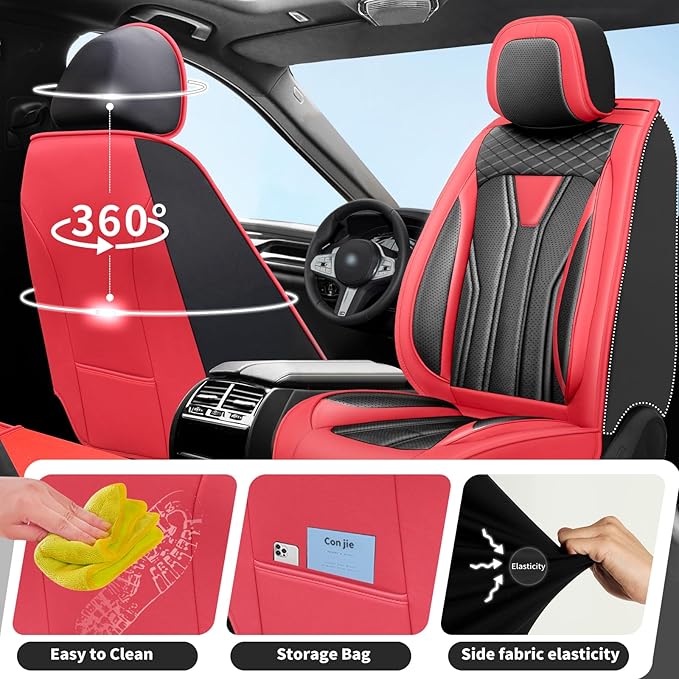 Fit Sentra Car Seat Covers Compatible with Nissan Sentra 2001-2025 2026 - Premium Leather, Waterproof Breathable, All-Weather Seat Cushion Protecto&Airbag Compatible (2 Front Seat Red&Black)