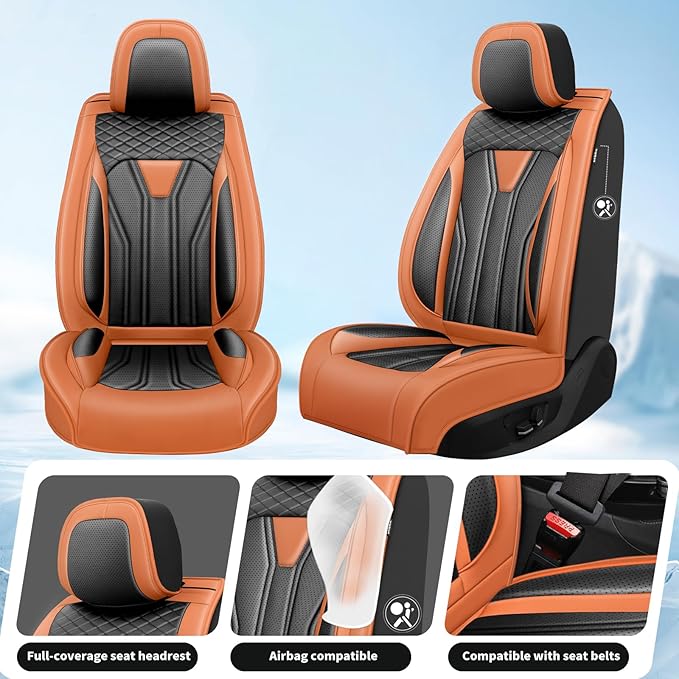 Fit Versa Car Seat Covers Compatible with Nissan Versa 2008-2025 2026 - Full Set Premium Leather, Waterproof Breathable, All-Weather Seat Cushion Protecto&Airbag Compatible (Orange&Black