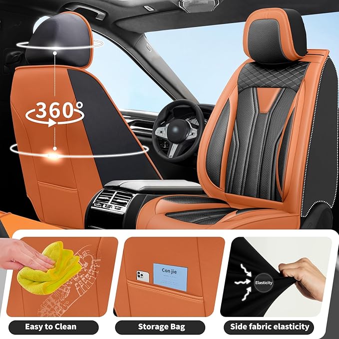 Fit Versa Car Seat Covers Compatible with Nissan Versa 2008-2025 2026 - Full Set Premium Leather, Waterproof Breathable, All-Weather Seat Cushion Protecto&Airbag Compatible (Orange&Black
