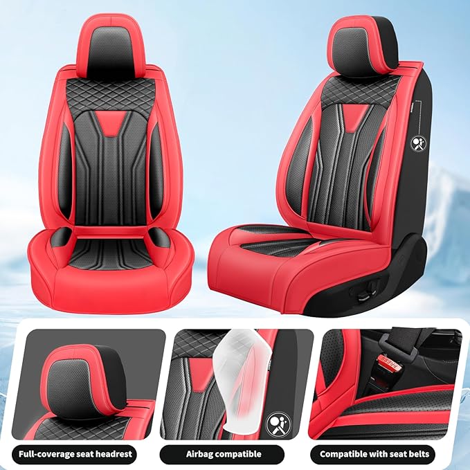 Fit Sentra Car Seat Covers Compatible with Nissan Sentra 2001-2025 2026 - Premium Leather, Waterproof Breathable, All-Weather Seat Cushion Protecto&Airbag Compatible (2 Front Seat Red&Black)