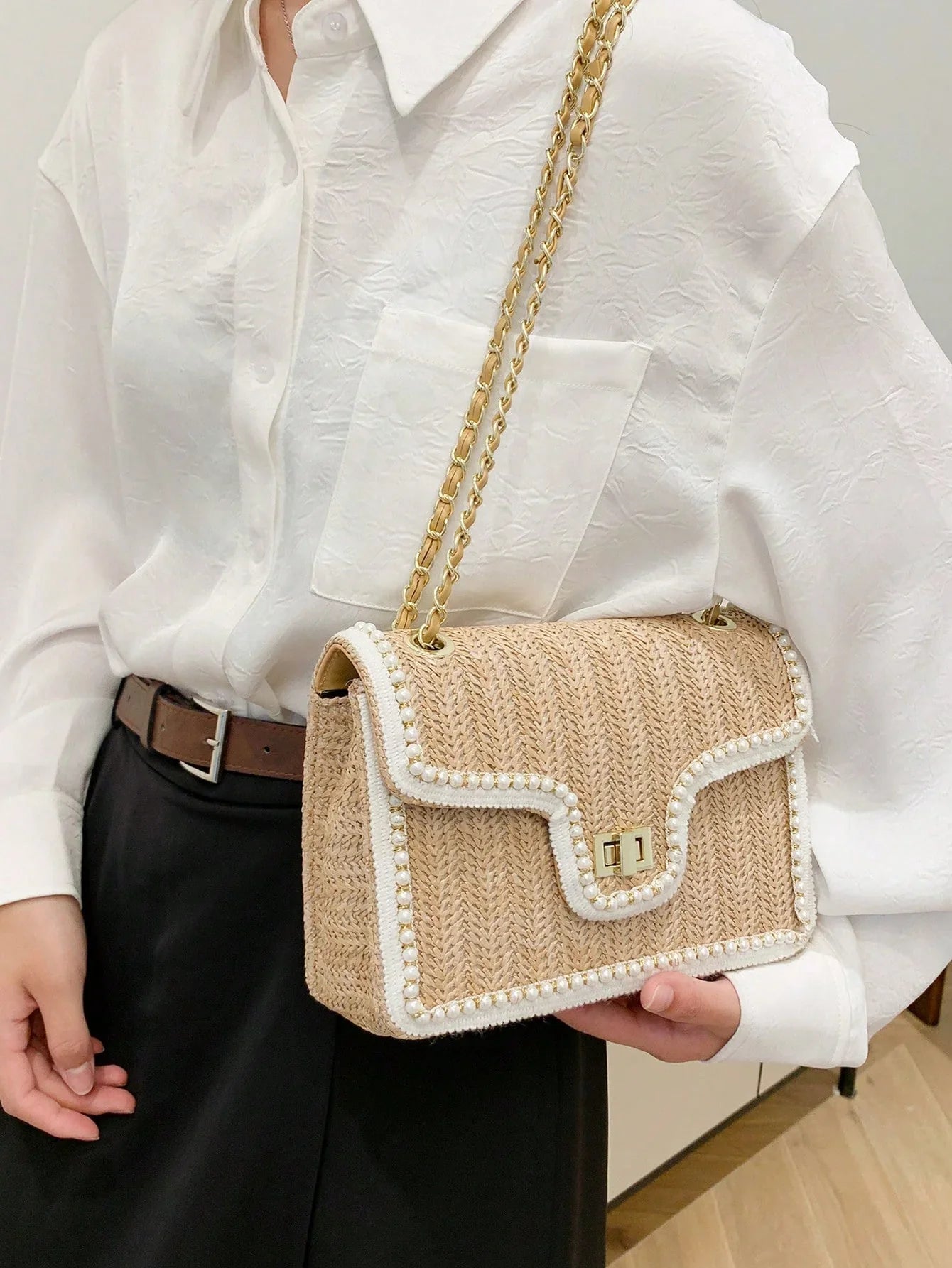 Women’s Pearl Straw Crossbody Bag