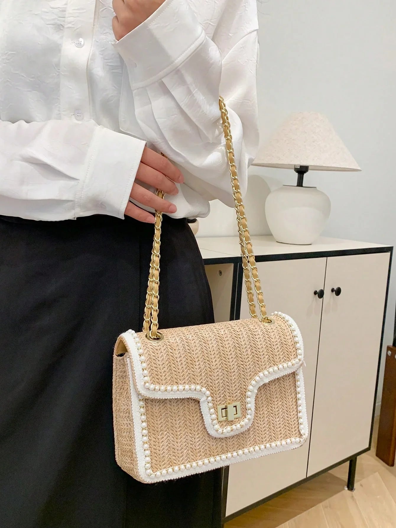 Women’s Pearl Straw Crossbody Bag