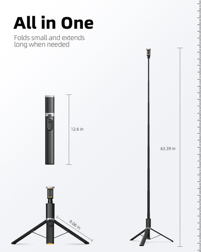 TODI 63" Cell Phone Selfie Stick Tripod, Portable Tripod for iPhone with Wireless Remote, Extendable Smartphone Stand, All-in-1, Compatible with iPhone/Android