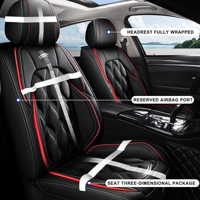 AOMSAZTO Front Seat Covers Fit for Juke 2011-2017 Waterproof Faux Leather Car Seat Cover Compatible with Airbag(2PCS Front, Black&Redline)