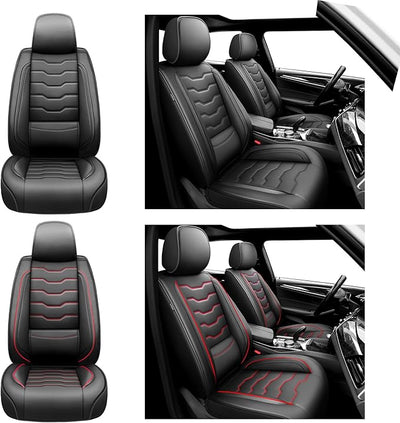 Fit Frontier Car Seat Covers Compatible with Nissan Frontier 2010-2025 2026 -Full Set Premium Leather， Waterproof Breathable， All-Weather Seat Cushion Protecto&Airbag Compatible（Red Line Black