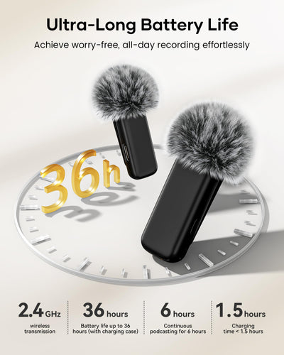 KUKIHO Wireless Lavalier Microphone with Charging Case, 36H Battery Life, Noise Cancellation, 135ft Range, Plug-and-Play Clip-On Mic for iPhone, iPad, Android, YouTube, Vlog, Live Streaming
