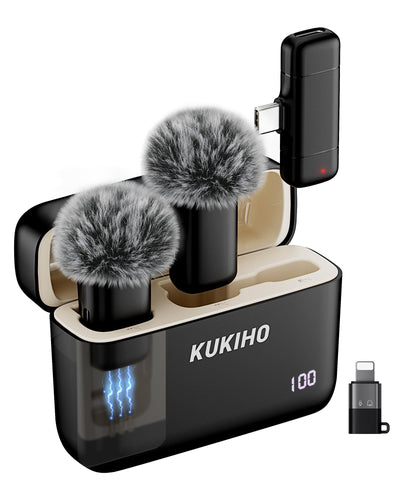 KUKIHO Wireless Lavalier Microphone with Charging Case, 36H Battery Life, Noise Cancellation, 135ft Range, Plug-and-Play Clip-On Mic for iPhone, iPad, Android, YouTube, Vlog, Live Streaming