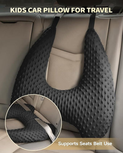 Memory Foam Kids Travel Pillow, Car Pillow for Kids, H-Shape Car Pillows for Sleeping, Removable Pillowcase, Adjustable, Velvet Dots, Black
