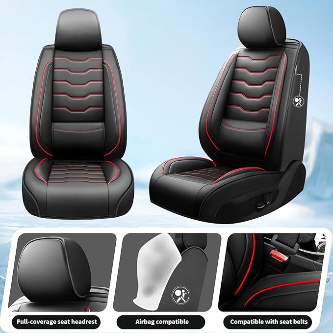 Fit Leaf Car Seat Covers Compatible with Nissan Leaf 2012-2025 2026 - Full Set Premium Leather， Waterproof Breathable， All-Weather Seat Cushion Protecto&Airbag Compatible（Red Line Black