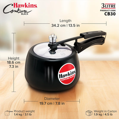 Hawkins 3 Litre Contura Black Pressure Cooker, Hard Anodised Inner Lid Cooker, Handi Cooker, Black (CB30)