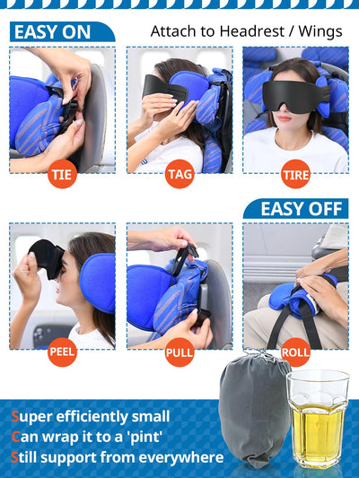 SARISUN Travel Pillow for Airplanes Sleep, Seat Strap for Stable Support