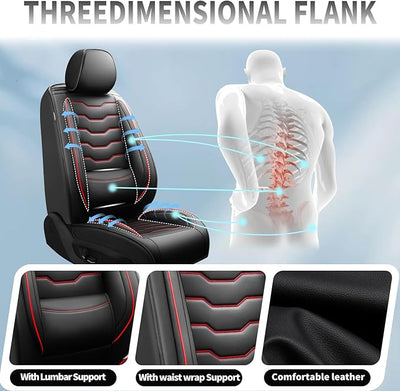 Fit Juke Car Seat Covers Compatible with Nissan Juke 2012-2015 2016 - Full Set Premium Leather， Waterproof Breathable， All-Weather Seat Cushion Protecto&Airbag Compatible（Red Line Black
