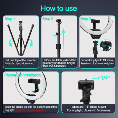 UBeesize 14'' LED Foldable Ring Light with 62'' Tripod Stand, Selfie Ring Light for Video Recording, Live Streaming, TikTok & YouTube, Compatible with iPhone & Android (Black)