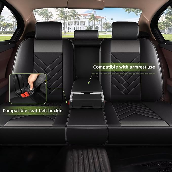 AOMSAZTO Full Set Seat Covers Fit for VW/Volkswagen Jetta 2007-2026: 2 Row 5 Seats Faux Leather Waterproof Seat Covers Automotive Seat Cushion Protector(Black&Grey)