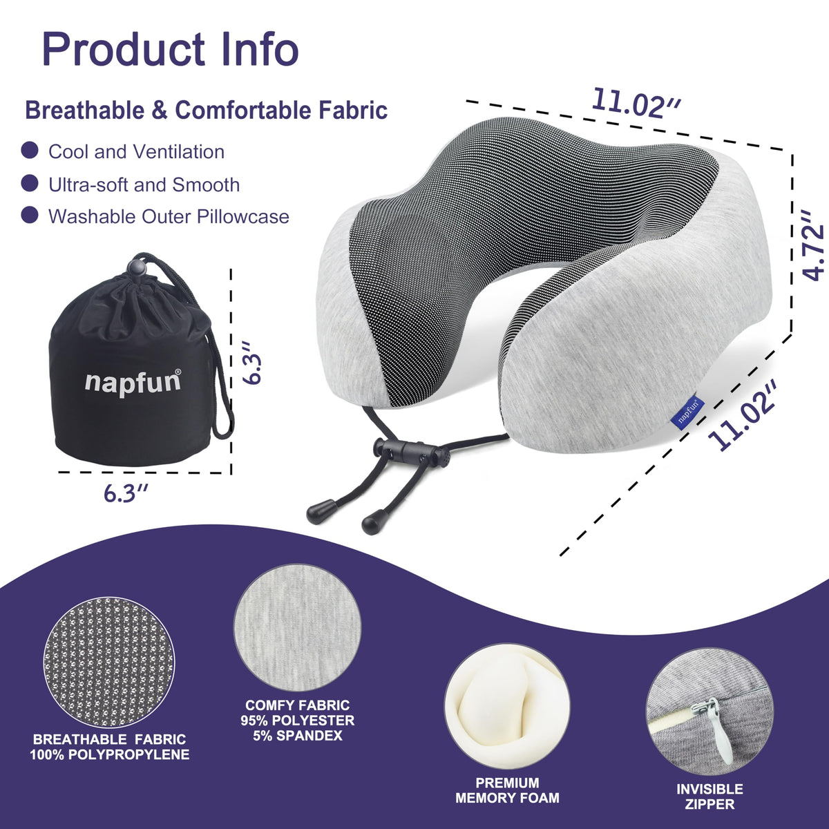 napfun Neck Pillow for Traveling, Upgraded Travel Neck Pillow for Airplane 100% Pure Memory Foam Travel Pillow for Flight Headrest Sleep, Portable Plane Accessories, Light Grey