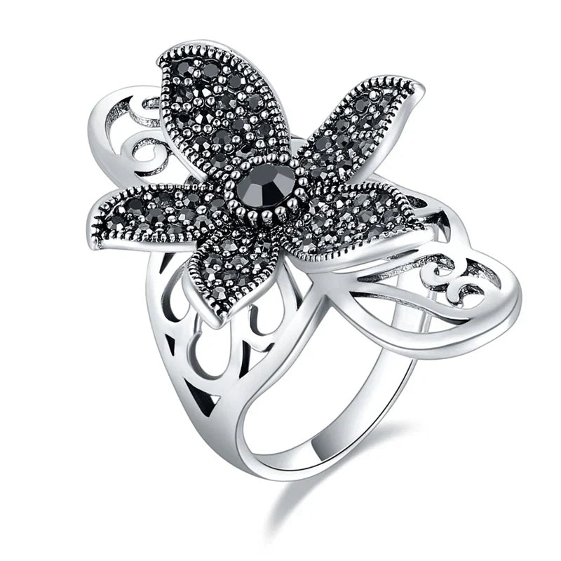 Vintage Rose Flower Rhinestone Ring